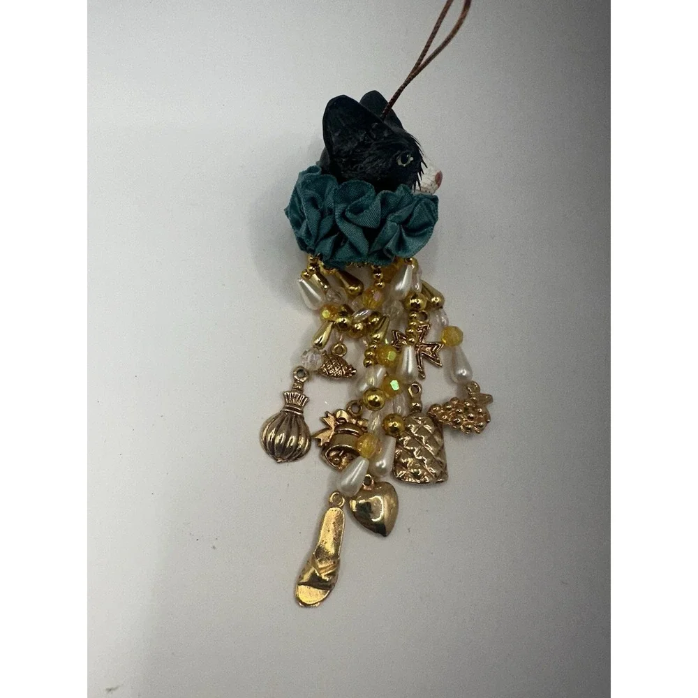 Whimsical Cat Ornament With Gold Toned Dangles Black And White